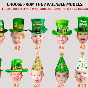 May include: Ten different printable designs for a personalized hat. The hats feature a variety of designs, including shamrocks, leprechauns, and the text "Happy St. Patrick's Day!" and "Happy Birthday".