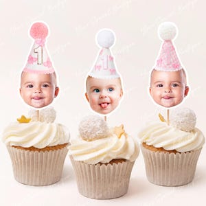 Pink Bow first birthday Cupcake topper, Personalized Photo Toppers cake Coquette Gingham decor Birthday photo cupcake topper birthday Girls