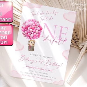 1st Birthday Girl Invitation, Isnt She Onederful 1st Birthday Invitation, Hot Air Balloon, 1st Birthday Girl Invitation, Printable + digital