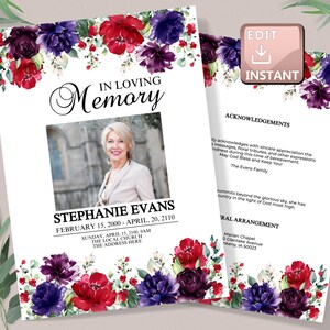 May include: A white funeral program with a floral border of red and purple flowers. The program includes a photo of a woman, the text "In Loving Memory", the name "Stephanie Evans", and the dates "February 15, 2000 - April 20, 2110".
