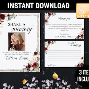 Lembrancinhas de funeral, Compartilhe um cartão de memória, Cartões de agradecimento de funeral, Compartilhe uma memória Download instantâneo, Compartilhe uma memória de conselho, Memorial Burgundy F24