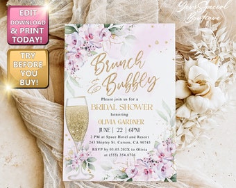 May include: A pink and gold bridal shower invitation with a floral design and a glass of champagne. The text reads "Brunch & Bubbly" and includes the bride's name, date, time, and location.
