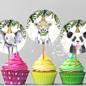 Party Animals Cupcake Toppers Favor Tags Birthday Party Decoration Safari Animals Zoo Birthday Wild One Elephant Giraffe Lion Zebra 043