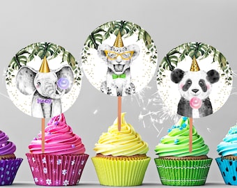 Party Animals Cupcake Toppers Favor Tags Birthday Party Decoration Safari Animals Zoo Birthday Wild One Elephant Giraffe Lion Zebra 043