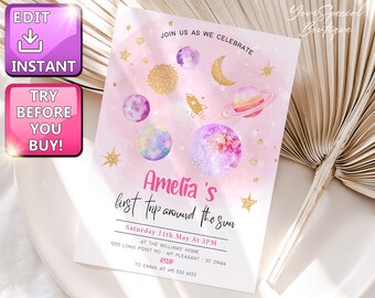Outer Space First Birthday Invitation  Girl Galaxy Blast Off First Trip Around the Sun Girl Download Printable Template Digital Editable