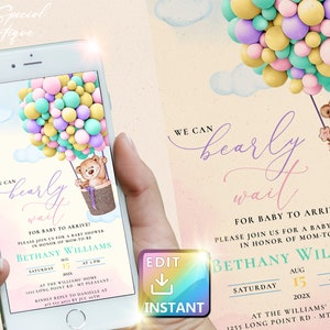 Può includere: Un invito digitale per una baby shower con un orsacchiotto in un pallone aerostatico fatto di palloncini pastello. Il testo recita "Non vediamo l'ora che il bambino arrivi! Unisciti a noi per una baby shower in onore della futura mamma Bethany Williams, sabato 15 agosto alle 15:00, a casa dei Williams, 1235 Long Point Rd., Mt. Pleasant. Per favore, rispondi a Danielle al 455 333 4935 entro il 30 luglio."