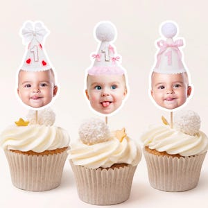 Pink Coquette Bow First Birthday cupcake toppers, Coquette Pink Party Decorations, Ribbons and Pearls  Face Cupcake Toppers, Fancy Birthday
