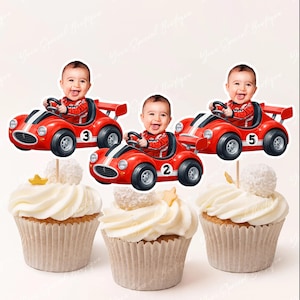 Cupcake topper race car, Race Car Photo Cupcake Toppers, Face Cupcake Toppers, red Vintage Car Cupcake Toppers, Racing Party Decor, Fast One