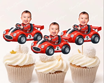 Cupcake topper race car, Race Car Photo Cupcake Toppers, Face Cupcake Toppers, red Vintage Car Cupcake Toppers, Racing Party Decor, Fast One