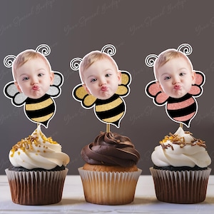Personalized bumble bee photo cupcake toppers with glitter bee, honey bee cupcake topper, spring Bee-day party, Sweet to bee one Birthday