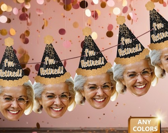 Retirement Banner with Face and Party Hat backdrop, Officially Retired, Congratulations, Garland, Bunting, Drink Stirrers, Digital File