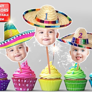 Sombrero Picture Cupcake Toppers, Face Sombrero, Sombrero Photo, Fiesta Sombrero Picture Cupcake Picks, Fiesta Birthday Hat, Face on a stick