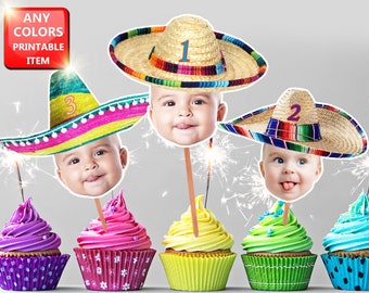 Sombrero Picture Cupcake Toppers, Face Sombrero, Sombrero Photo, Fiesta Sombrero Picture Cupcake Picks, Fiesta Birthday Hat, Face on a stick