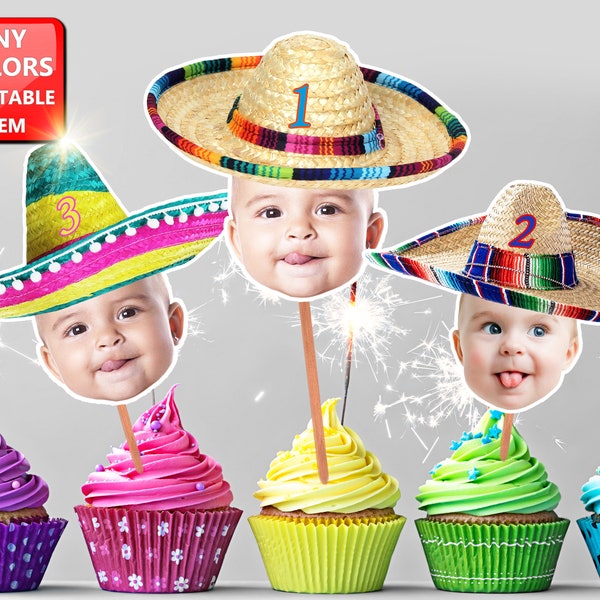 Sombrero foto Cupcake Toppers, gezicht Sombrero, Sombrero foto, Fiesta Sombrero foto Cupcake Picks, Fiesta verjaardag hoed, gezicht op een stokje