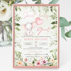 Invitation Baby Elephant Girl, Template With Balloon, Brunch Invitation ...