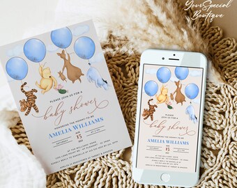 POOH - Winnie The Pooh Evite Classic Winnie the Pooh Baby Shower Evite Invitation Shower Evite bear balloon boy Winnie Electronic Invitation
