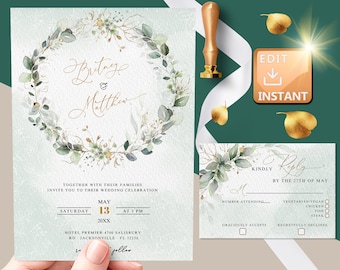Wedding Invitation Greenery gold, Wedding Invitation Eucalyptus Gold, Wedding Invitation Editable, Wedding Invitation and Rsvp,Printable 019