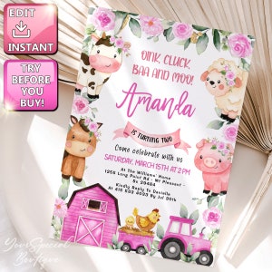 Girl Farm birthday invitation, Instant download, EDITABLE Floral Farm Animals Invite, Magenta farm, Barnyard party Ranch Birthday Floral 058