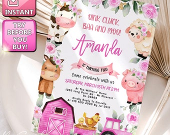 Girl Farm birthday invitation, Instant download, EDITABLE Floral Farm Animals Invite, Magenta farm, Barnyard party Ranch Birthday Floral 058