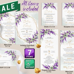 May include: A set of 7 printable wedding invitation templates with a watercolor floral design in shades of purple and green. The templates include a menu, RSVP, details, reception, and program. The text on the invitation reads "Welcome to the wedding of Brittany & Edward".