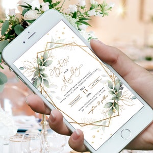 Wedding invitation Digital Greenery, Geometric Wedding E Invite By Mail, Invitation Electronic Card, Smartphone, Digital Template, W002 image 9