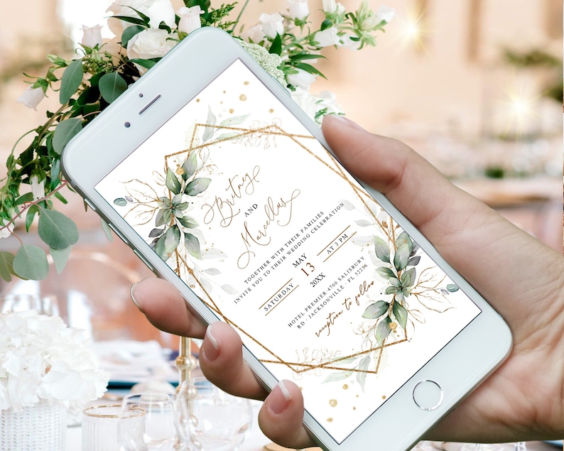 Wedding invitation Digital Greenery, Geometric Wedding E Invite By Mail, Invitation Electronic Card, Smartphone, Digital Template, W002 image 9