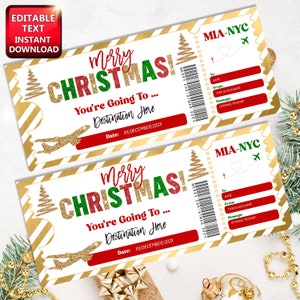 Modèle modifiable de carte d'embarquement de Noël, billet d'avion de Noël imprimable, modèle de Noël de billet d'avion, voyage surprise, billet d'avion