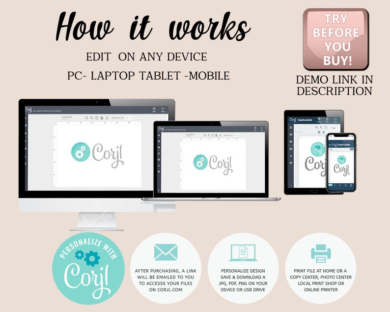 May include: An advertisement graphic showing how to use a digital product. The text reads "How it works" and "Edit on any device: PC, laptop, tablet, mobile." The graphic includes a computer, laptop, tablet, and phone displaying the product.