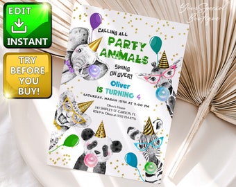 Invitación de cumpleaños editable con animales de fiesta, invitación con animales salvajes, animales de safari del zoológico, niña, descarga la invitación imprimible, digital, electrónica