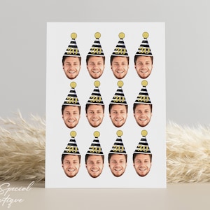 May include: A sheet of 12 black and white party hat stickers with gold numbers. Each sticker features a face wearing a party hat with the number 30 on it.