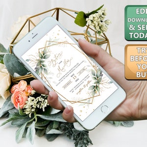 May include: A digital wedding invitation with a gold geometric frame and green watercolor foliage. The text reads "Britige and Maully" and includes the date "May 13".