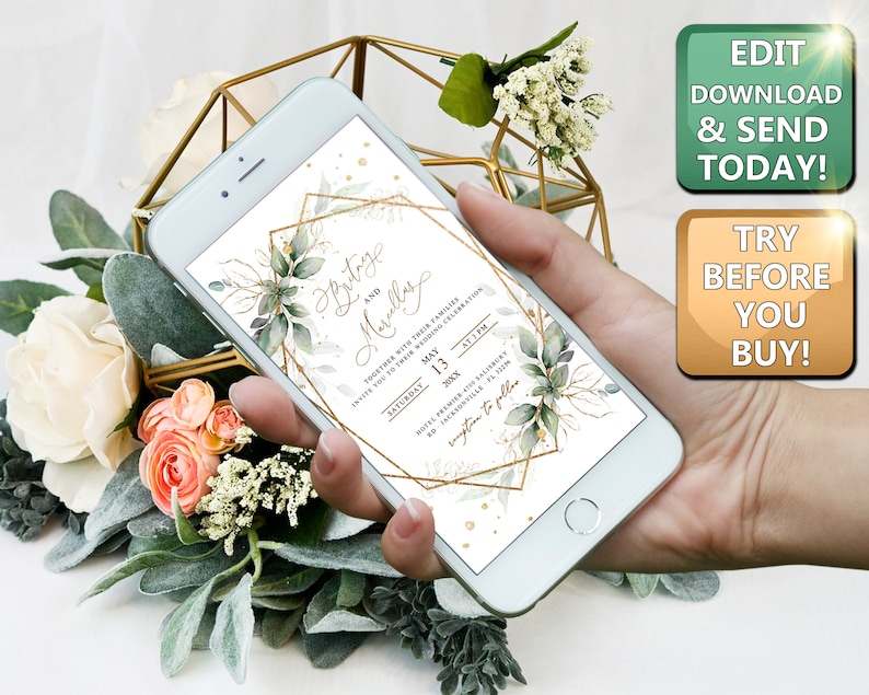 May include: A digital wedding invitation with a gold geometric frame and green watercolor foliage. The text reads "Britige and Maully" and includes the date "May 13".