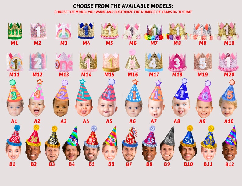 May include: A chart displaying 20 different birthday hat designs for a first birthday. The hats are decorated with glitter, numbers, and other celebratory elements. The chart is labelled with the model numbers M1 through M20, A1 through A10, and B1 through B12.