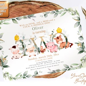Party Cute Farm Animals 2nd Birthday Party Invitation Two Chic Greenery Barnyard Invite Farm Animals Chalkboard Old McDonald invite Barnyard