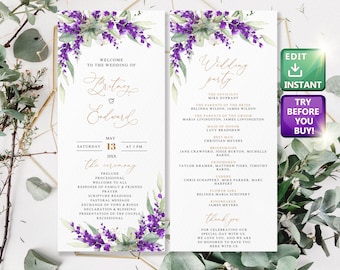 Wedding Program Lavender, Wedding Program with Gold, Wedding Program Purple, Wedding Program Printable, Order Of Events Editable Text W011