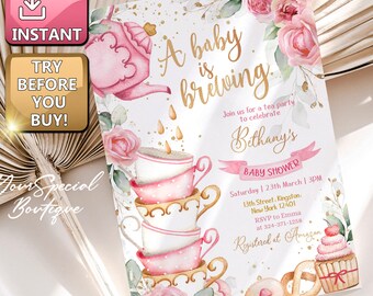 EDITABLE Tea Baby Shower Invitation, Baby is Brewing, Whimsical Tea Invite Template, Floral Gold and Pink, High Tea, Instant Download BS135
