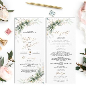 May include: A wedding invitation with the names Bethany and Michael, dated May 13th. The design incorporates watercolour greenery, gold detailing, and a ceremony program. The invitation is a vertical design, printed on white paper.