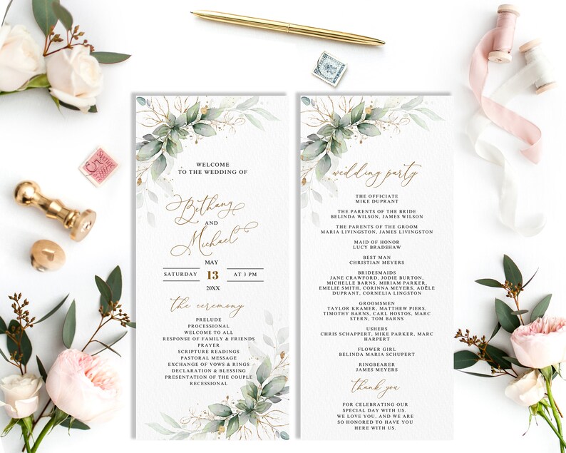 May include: A wedding invitation with the names Bethany and Michael, dated May 13th. The design incorporates watercolour greenery, gold detailing, and a ceremony program. The invitation is a vertical design, printed on white paper.