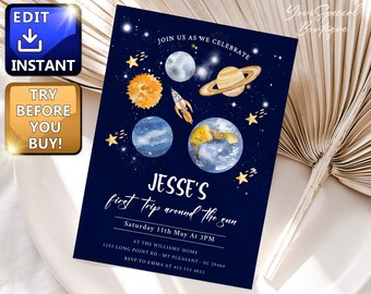 Outer Space First Birthday Invitation Galaxy Blast Off First Trip Around the Sun Download Printable Template Digital Editable