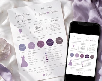 May include: A white wedding bridesmaid proposal card and a smartphone displaying the same digital card. The card features text including Mr. + Mrs. Briella + Mathew, wedding details, color palettes in shades of purple, and a dress illustration.