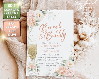 Bridal Brunch Invitation Instant Download Template, Blush Pink Floral, Pink Gold Bridal Shower Invitation, Bridal shower brunch and bubbly