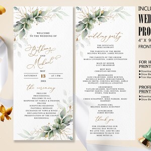 May include: A wedding program with a floral design. The program is white with gold text and green foliage accents. The program includes the wedding party details and ceremony order. The program is 10.16 cm x 22.86 cm.