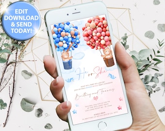 Baby Shower Invitation Teddy Bears Baby Shower Electronic, Hot Air Balloon Gender Reveal evite, Boy Or Girl , He Or She DIGITAL invite BS024