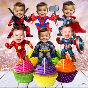 Conjunto de 6 decoraciones personalizadas para fiesta de primer cumpleaños de superhéroes de cómics, inspiradas en superhéroes, para fiestas temáticas de héroes (v2)