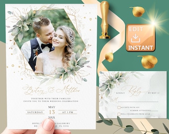 Wedding Invitation With Photo, Photo Wedding Invitation Template,  Greenery, wedding invitations green, picture wedding invitation W012