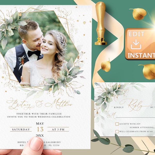 Wedding Invitation With Photo, Photo Wedding Invitation Template,  Greenery, wedding invitations green, picture wedding invitation W012