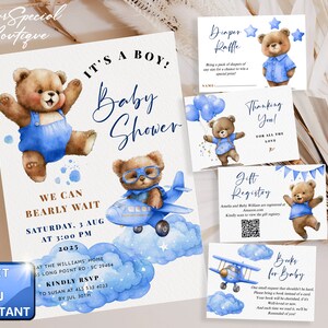 Baby Shower Invitation bear Blue Boy Digital invite, Diaper Raffle, Books for baby, electronic invitation Printable Editable template BS053