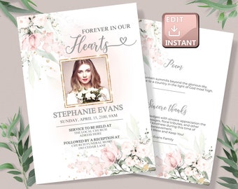 Editable Funeral Program Template, Floral Funeral Memorial, Printable, Order Of Service, Celebration Of Life, In loving Memory Obituary F25