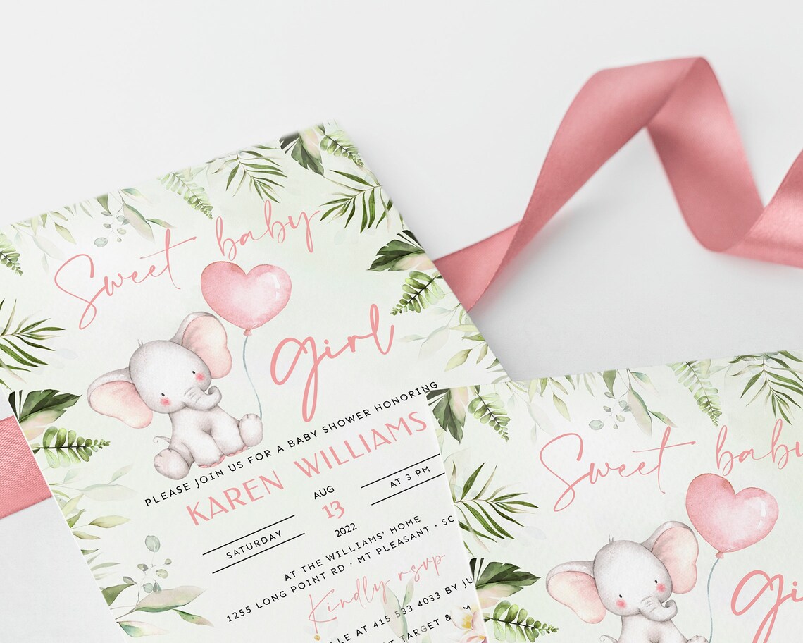 Invitation Baby Elephant Girl Template With Balloon Brunch | Etsy