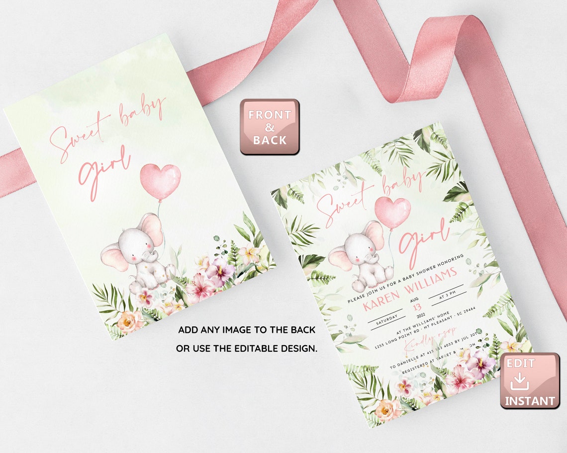 Invitation Baby Elephant Girl Template With Balloon Brunch | Etsy